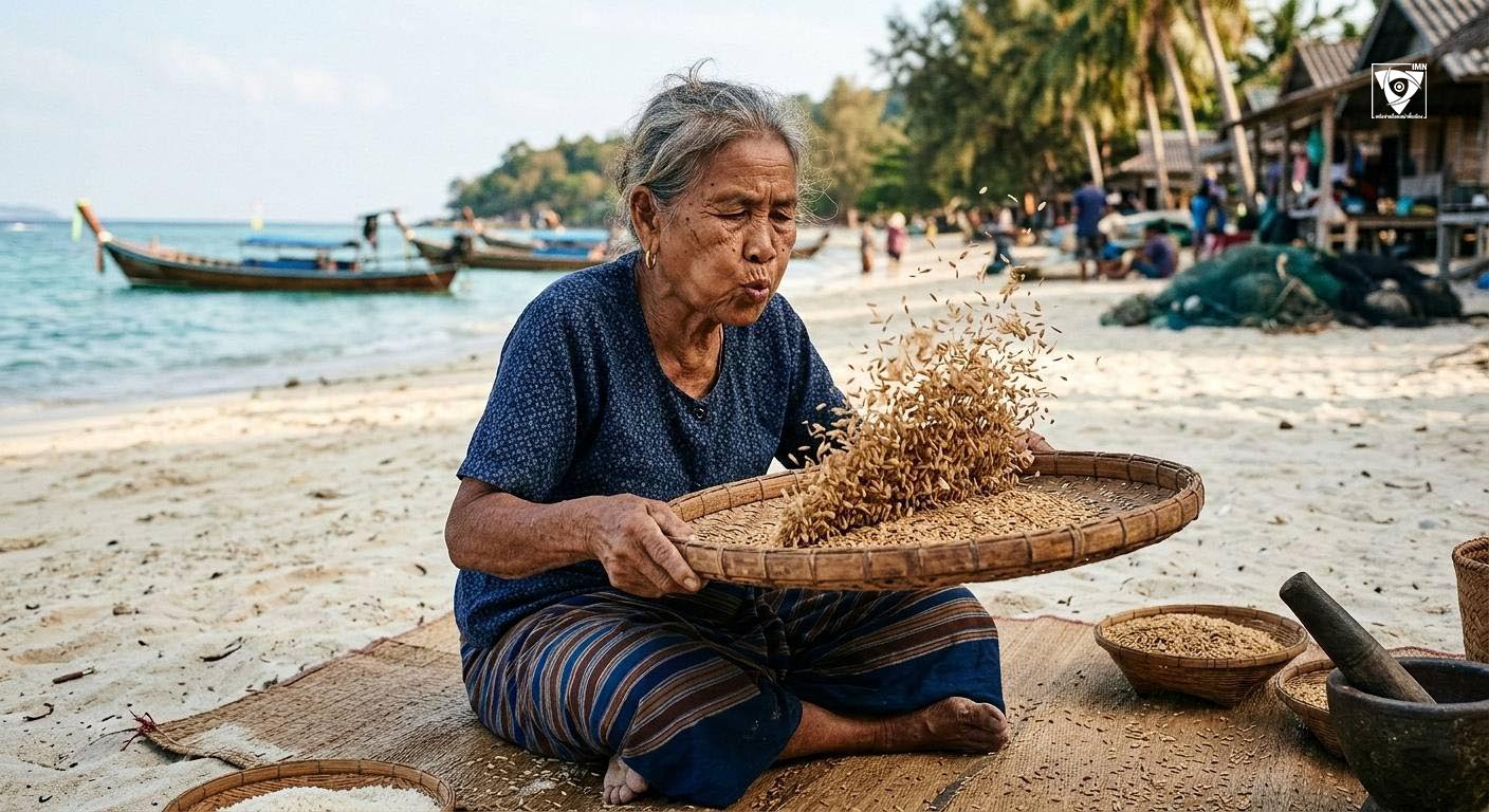 การทำเกษตรปลูกข้าวตามวิถีชีวิตดั้งเดิมของชาวเลอูรักลาโว้ยบนเกาะในอดีต ภาพถูกเจนจาก AI Gemini โดย: นภัสนันท์ ยาดำ